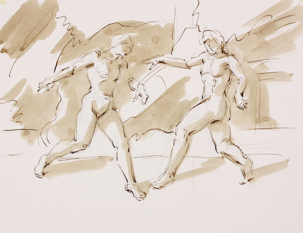 untitled; pen & sepia wash, 25 x 33, 2018