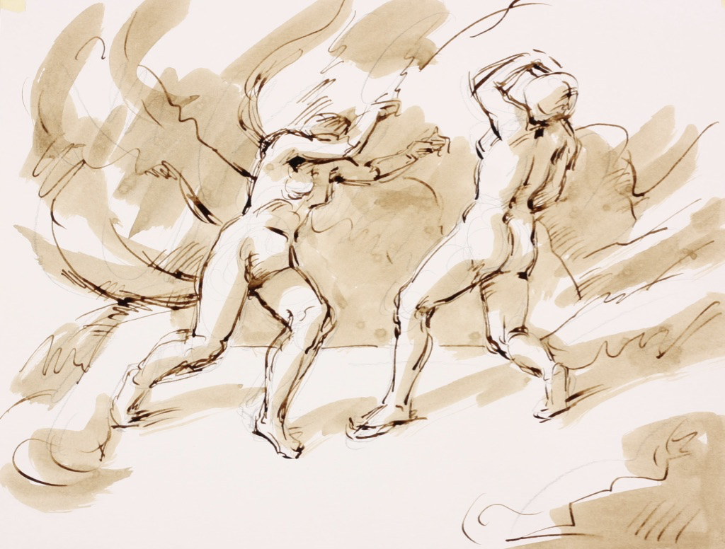 untitled; pen & sepia wash, 25 x 33, 2018